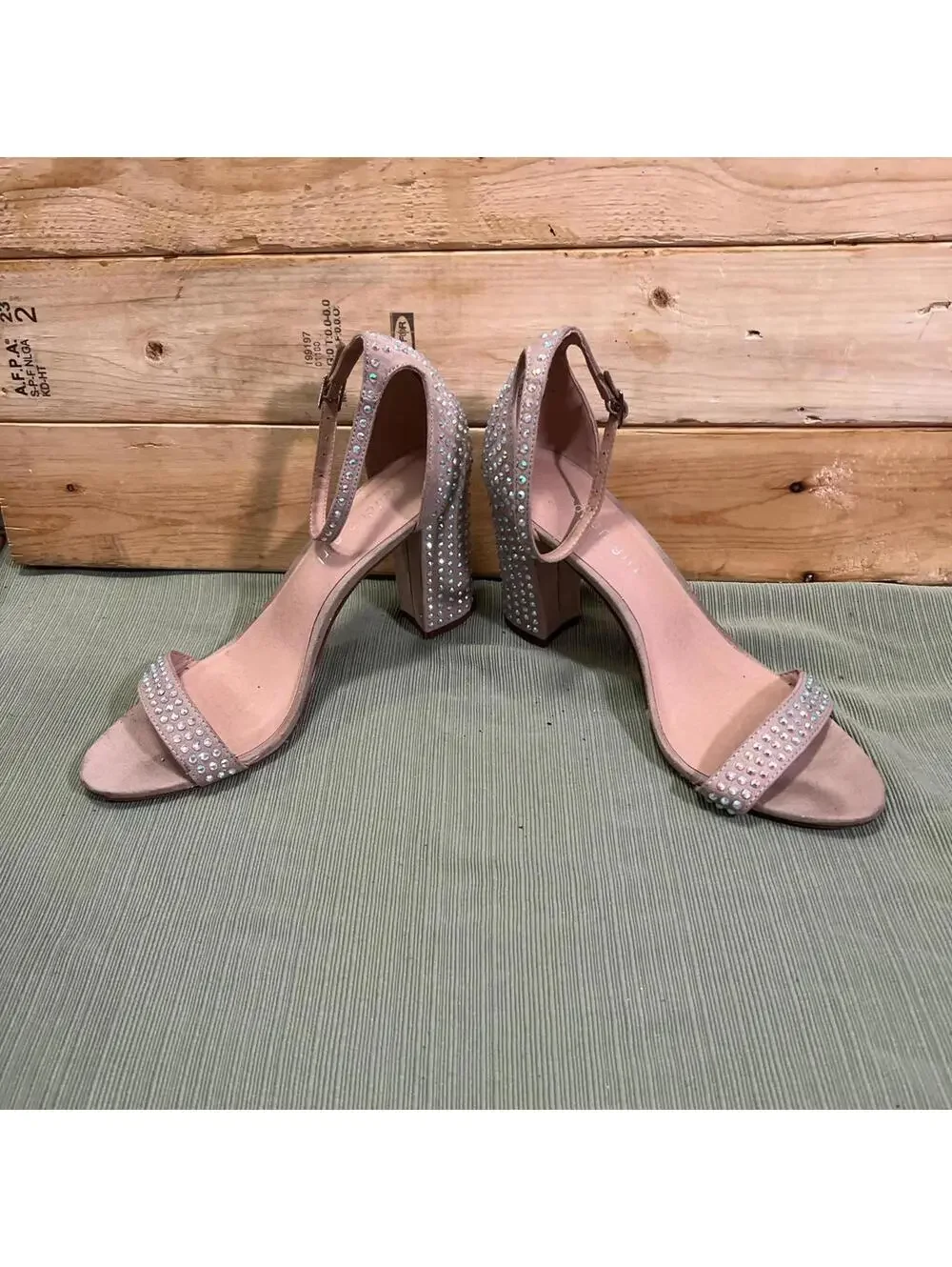 Madden Girl Beella Womens Tan Rhinestone Ankle Strap Heels Size 8.5 W